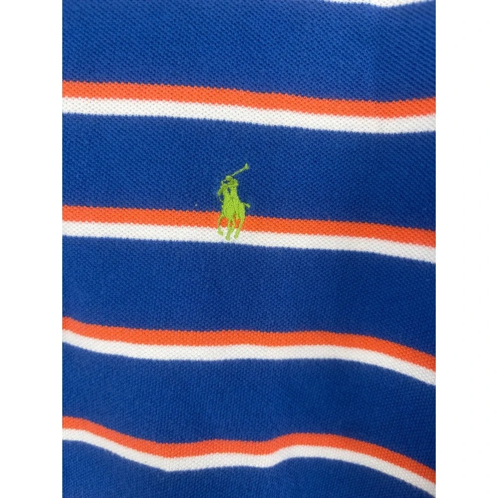Polo Ralph Lauren Mens Blue Orange‎ Striped Cotton Pique Polo Golf Shirt